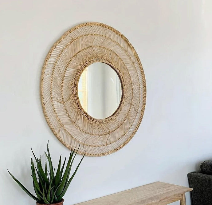 Large natural rattan circle mirror with hook