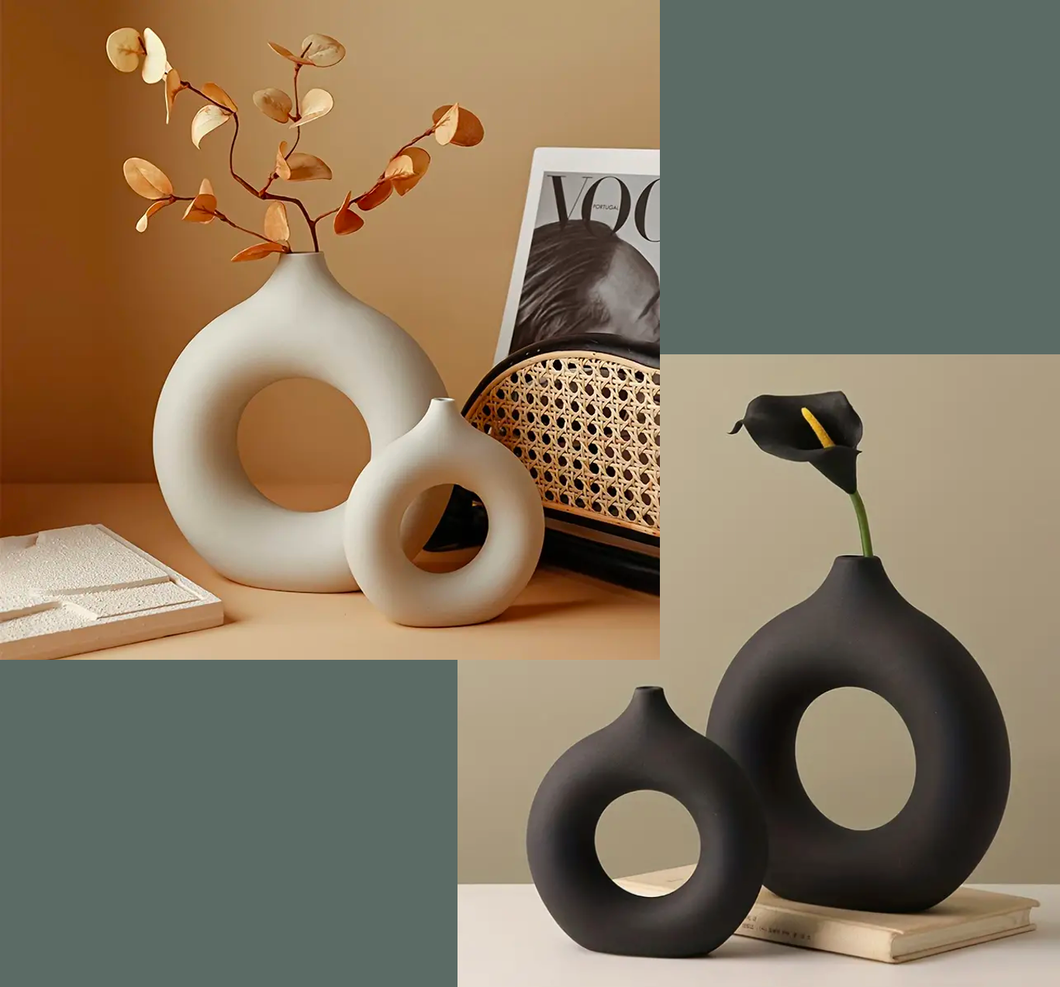 Set of 2 white or black donut ceramic hollow vases 